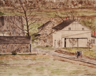 Original Watercolor Painting: Amish Farm Scene, Horse & Buggy,peter kundra art