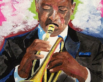 Pintura acrílica de un músico de jazz, trompetista de jazz, artista Peter Kundra, trompetista.