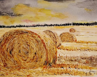 Original Watercolor Painting, Sunny Straw Bales, Farm Field Art,artist peter kundra