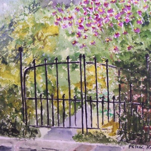 garden gate scene, "CARR'S GATE", painting of iron gate, painting of flowers,colorful flowers,wrought iron railing