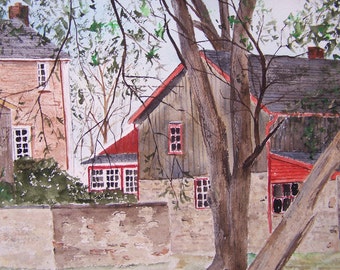 Original Watercolor Painting, Farmhouse Landscape Art, Red Barn and Buildings painting, Country Home Decor,artist peter kundra