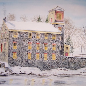 Watercolor painting,&quot;Brecks Mill&quot;, william breck,brandywine creek scenery,historic mill in delaware,  landscape painting