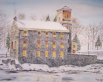 Original Watercolor Painting, Brecks Mill painting, Brandywine Creek Winter Scene,artist peter kundra