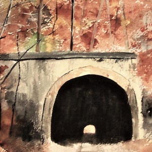 May include: A watercolor painting of a train tunnel with a single track leading into the darkness. The tunnel is made of stone and has a rounded archway. The entrance to the tunnel is framed by trees with red and orange leaves.