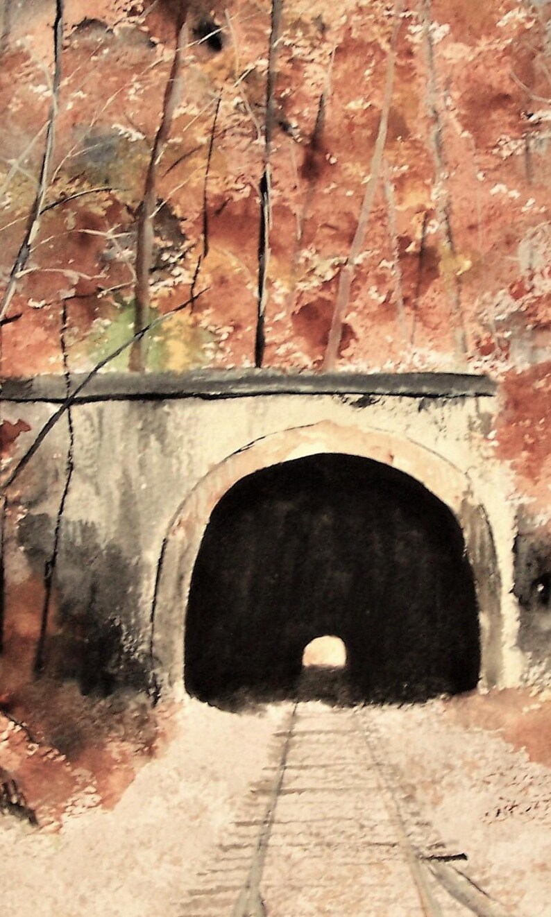 May include: A watercolor painting of a train tunnel with a single track leading into the darkness. The tunnel is made of stone and has a rounded archway. The entrance to the tunnel is framed by trees with red and orange leaves.
