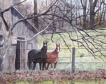 painting of horses,horse farm painting,horse scene,judys horses,black and brown horses art,horse stable scene