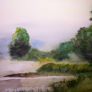landscape painting,painting of woods and pond,&quot;,MISTY WOODS&quot;,misty pond scene,woodlands scene,pond reflections,serene scene,