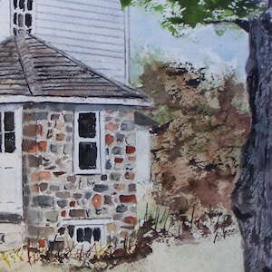 May include: A watercolor painting of a stone house with a white wooden roof and a white wooden siding. The house has a window with a stone frame and a small window in the basement. The house is surrounded by green trees and bushes.