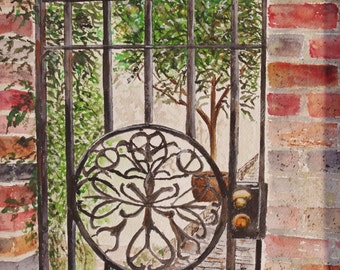 Original Watercolor Painting: Irish Landscape, Iron Gate Courtyard