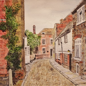 painting of town square,&quot;TOWN SQUARE&quot; painting of old town,city scape painting,townscape,cobblestone street scene,stone houses,street scene