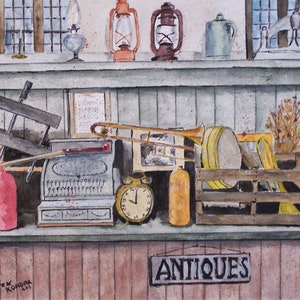 pittura di negozio di antiquariato, pittura di natura morta di antiquariato, pittura di cose vecchie, pittura antica