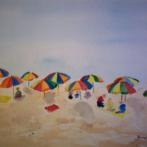 beach,seashore painting,painting of beach,painting of beach scene,&quot;COLORED UMBRELLAS&quot;,umbrella painting,colorful umbrellas,peter kundra