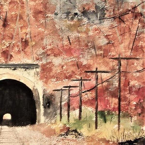 May include: A watercolor painting of a tunnel entrance with a dark interior. The tunnel is surrounded by trees with red and orange leaves. Power lines run across the top of the painting.