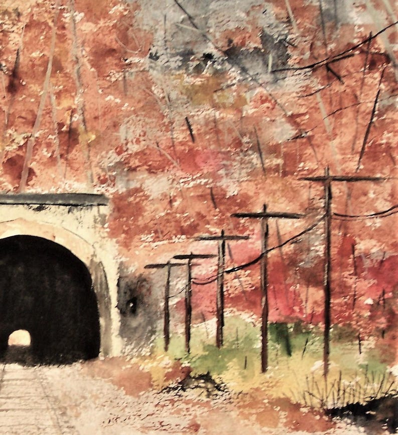 May include: A watercolor painting of a tunnel entrance with a dark interior. The tunnel is surrounded by trees with red and orange leaves. Power lines run across the top of the painting.