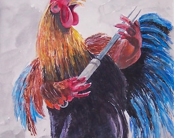 pintura de gallo, pintura de gallo asado, pintura original, artista Peter Kundra