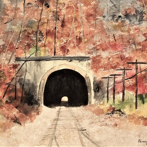 stone train tunnel scene, old tunnel, autumn landscape scene,train tracks,train tunnel,wooded scene,railroad tunnel,picturesque,peter kundra