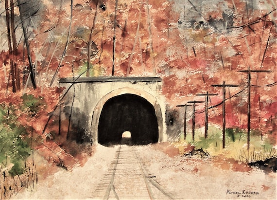 Original Watercolor Painting, Train Tunnel Autumn Scene, 14x10",artist peter kundra