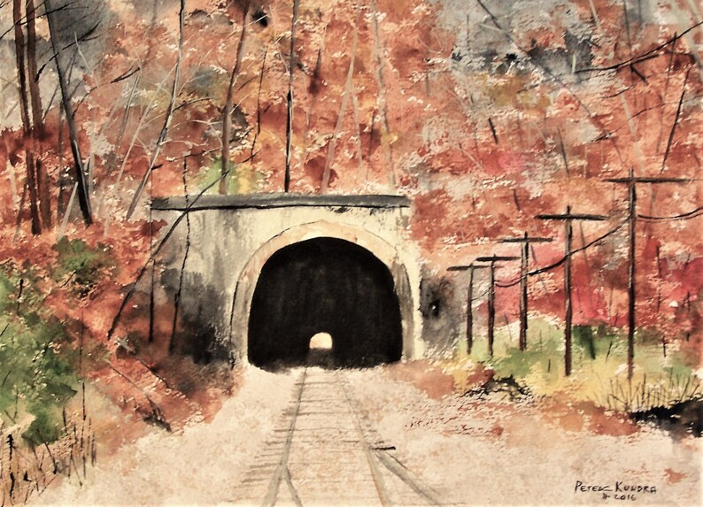 May include: A watercolor painting of a train tunnel in a forest. The tunnel is made of stone and has a dark interior. The forest is filled with trees with red and orange leaves. There are power lines running through the forest. The painting is signed "Perez Kupka 2-2016".