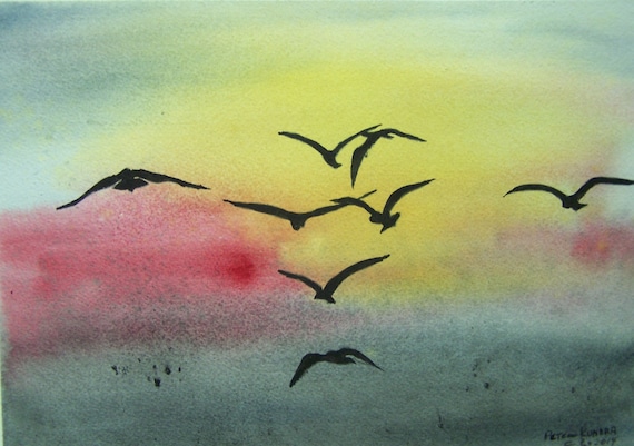 Oiseaux Dans La Peinture De Vol Peinture Daquarelle Formation De Stealth Peinture Doiseau Scénique Peinture Colorée De Ciel Peinture Des