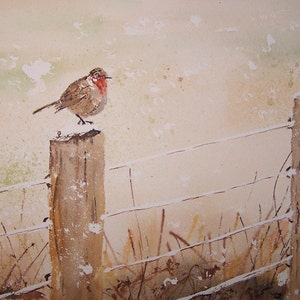 painting of bird, winter scene,bird on fence post,barbed wire,snowy scene,scenic and landscape,winter bird