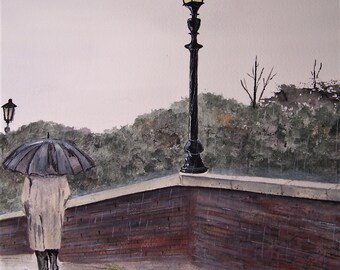 rainy day on the bridge,rainy day,bridge scene,man walking on bridge,cobblestone bridge,cloudy day,rainy scene,