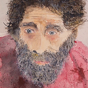 May include: Watercolor portrait of a man with a full beard and blue eyes. The artwork features a red and brown color palette, with the artist's signature and date in the lower right corner.