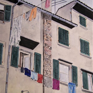 hanging laundry scene,&quot;LAUNDRY DAY In The CITY&quot;,city scene,stucco town houses,clothes hanging,washing clothes,townhouse scene,cityscape,art