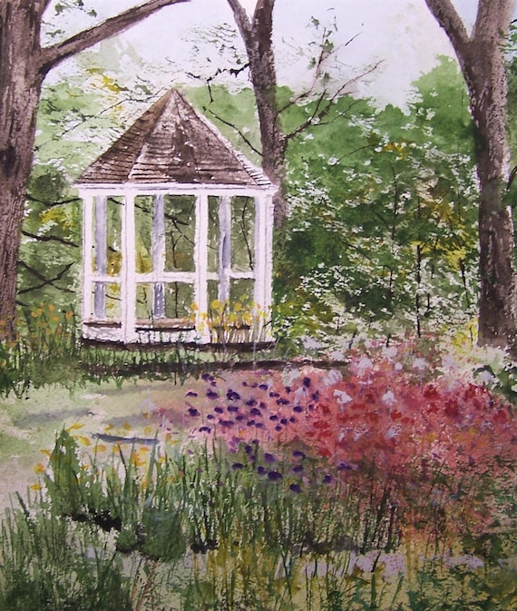 花の庭の風景、庭の絵画、「ガーデン ガゼボ」、ガゼボの絵画