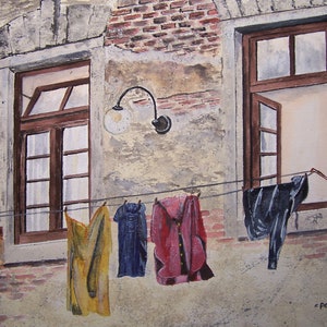 hanging laundry scene,wash day,scenic laundry painting,clothes line, cityscape,city scene,clothes