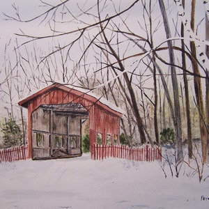 covered bridge in winter, wooden bridge,red wood bridge,bridge painting,old bridge, landscape,snow painting, woods, country scene