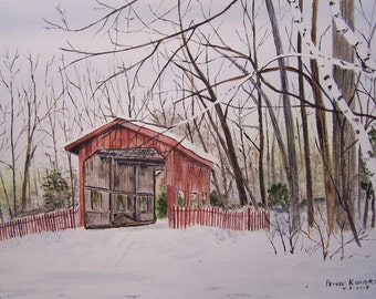 Puente cubierto en invierno, pintura de puente de madera, puente de madera roja, puente viejo, pintura de nieve, Peter Kundra