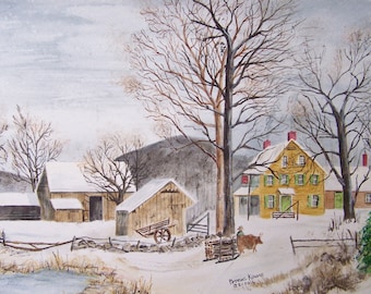 Original Winter Watercolor Painting: Snowy Farm Landscape, "Bringing in the Logs",Artist peter kundra