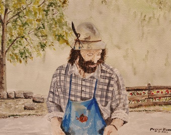 painting of stone mason,stone mason,cobblestones,italian mason,cobblestone streets,revo italy,concrete worker,art show