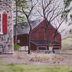 watercolor of barn,barn painting,red barn,farm scene painting,"RED SHUTTERS",old farm painting, scenic farm, landscape painting