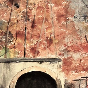 May include: A watercolor painting of a tunnel entrance with a stone archway. The tunnel is surrounded by trees with red and orange leaves. Power lines are visible in the background.