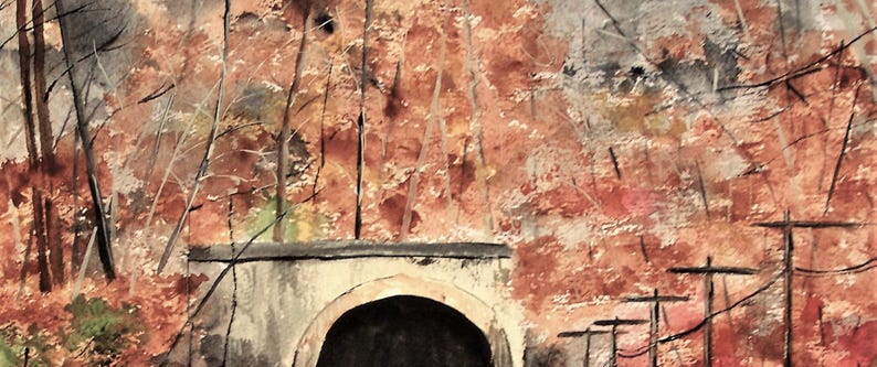 May include: A watercolor painting of a tunnel entrance with a stone archway. The tunnel is surrounded by trees with red and orange leaves. Power lines are visible in the background.