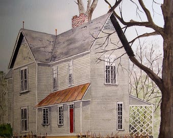 Original Watercolor Farmhouse Painting: Scenic Landscape Art
