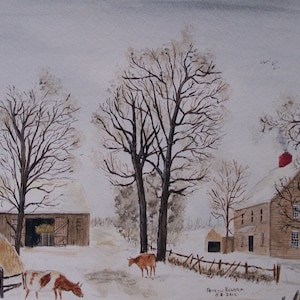 farm scene,farm house,winter watercolor painting,painting of winter farm scene,farm yard, original art,rail fence,peter kundra