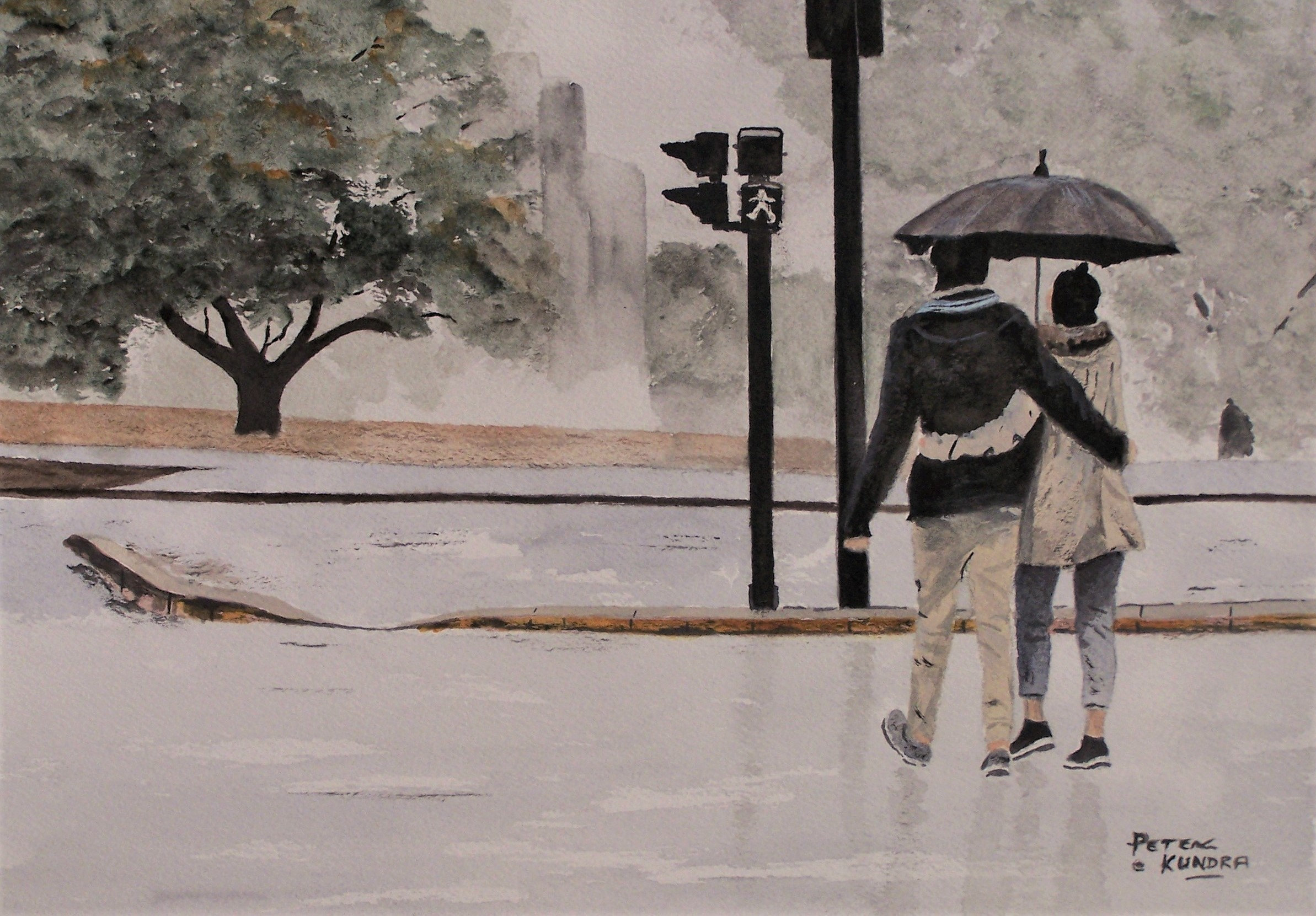 人物画、「雨の中のロマンチックな散歩」、雨の日の絵、傘をさして歩く  