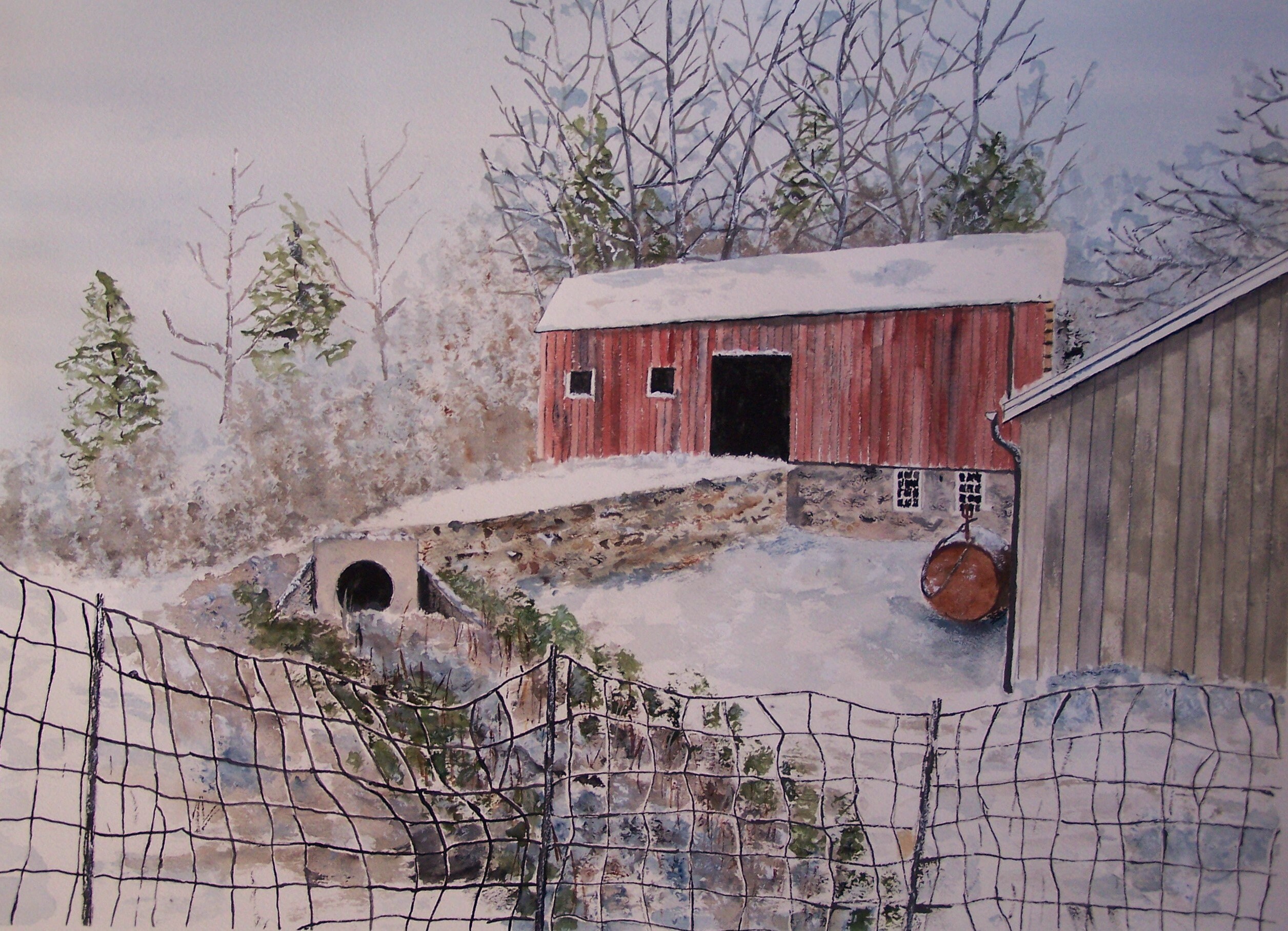 winter farm,snowy farm scene, picturesque farm,red barn,old barn,wire fence scene,