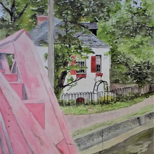 new hope painting,street scene,painting of new hope,new hope canal,canal scene,art,wooden canal bridge,old historic house,white house,canal