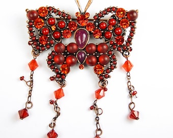 Vintage Butterfly Brooch With Red Rhinestones And Swarovski Beads - Vintage Brooch - Vintage Jewelry