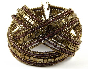 Vintage Cuff Bracelet - With Bronze And Brown Cube And Seed Beads - Open Back - Interweave - Vintage Bracelet - Vintage Jewelry