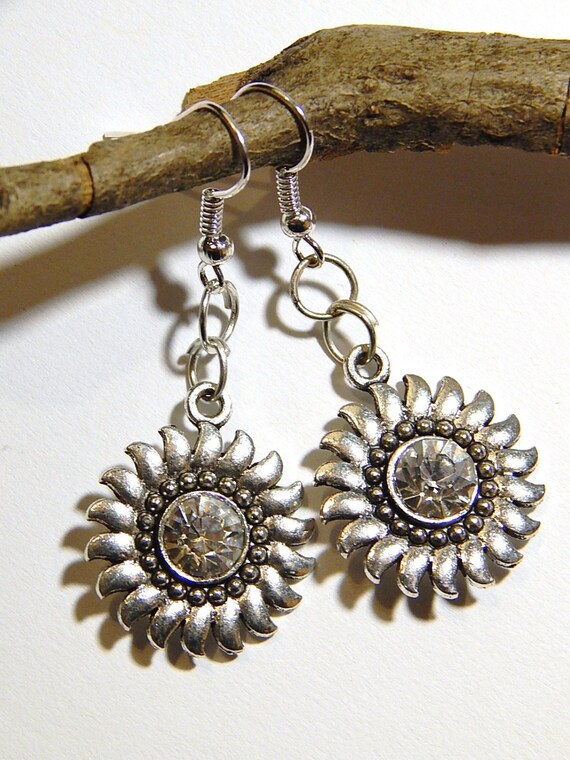 Items similar to Sunflower Earrings Silver With Rhinestones Bridal