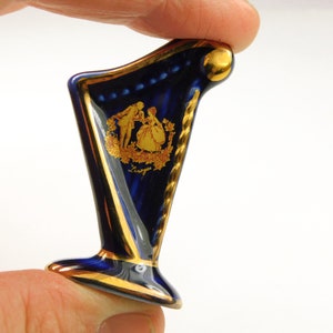 Vintage Miniature Porcelain Limoges Harp - Cobalt With Gold Trim - Vintage Miniatures - Vintage Housewares - Vintage Decor
