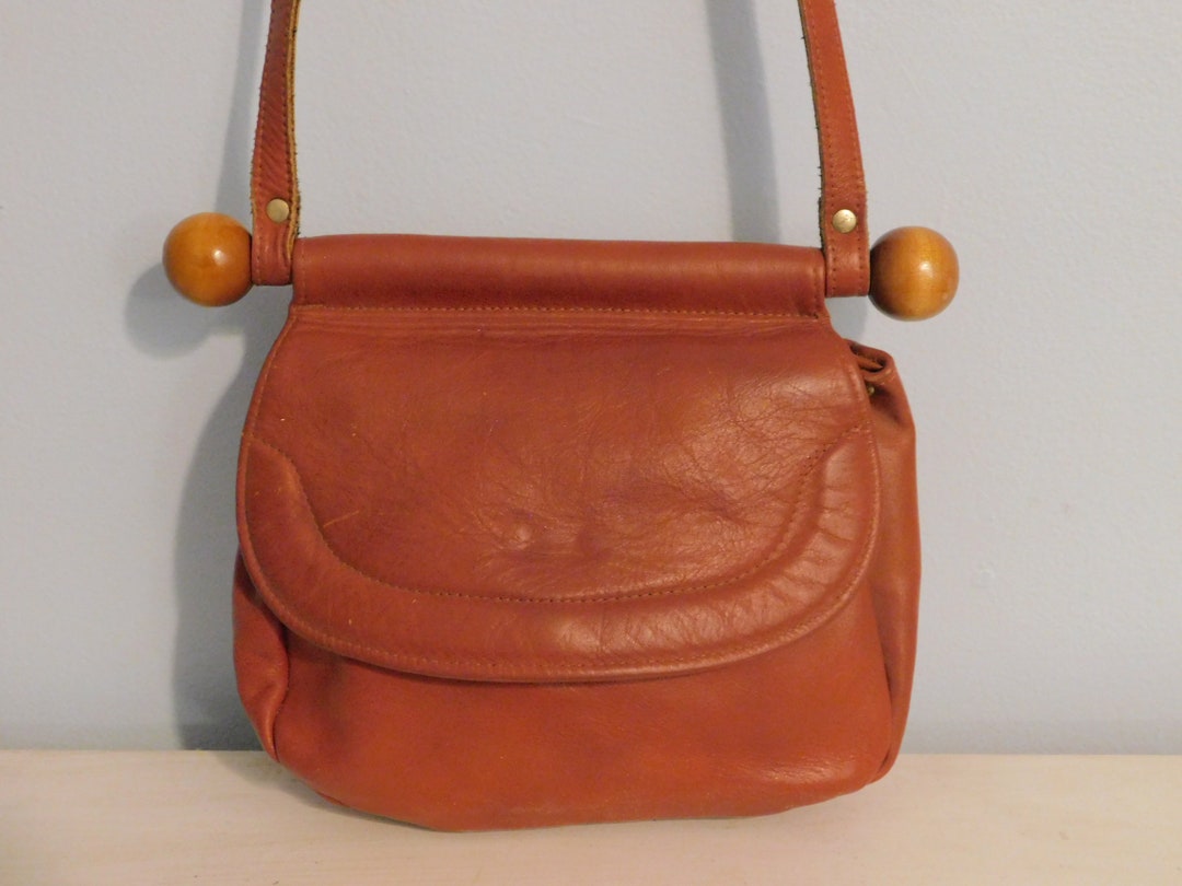 Vintage Boho Style Leather Shoulder Bag With Wooden Bar Vintage Leather