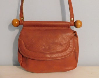 Vintage Boho Style Leather Shoulder Bag With Wooden Bar - Vintage Leather Bags - Womens Purses