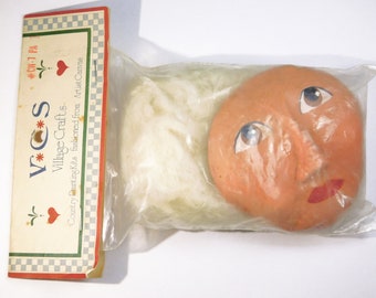 Vintage Ceramic Folk Art Doll Face With Hair - Doll Parts - Vintage Doll Accessories - Vintage Doll Making