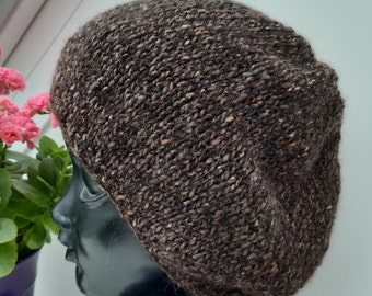 Dark brown tweed Merino slouchy beanie Knitted womens sustainable accessories hat Merino wool beanies comfortable to wear all day long