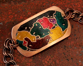 Etched Copper and Chain Bracelet Tectonic Plates design